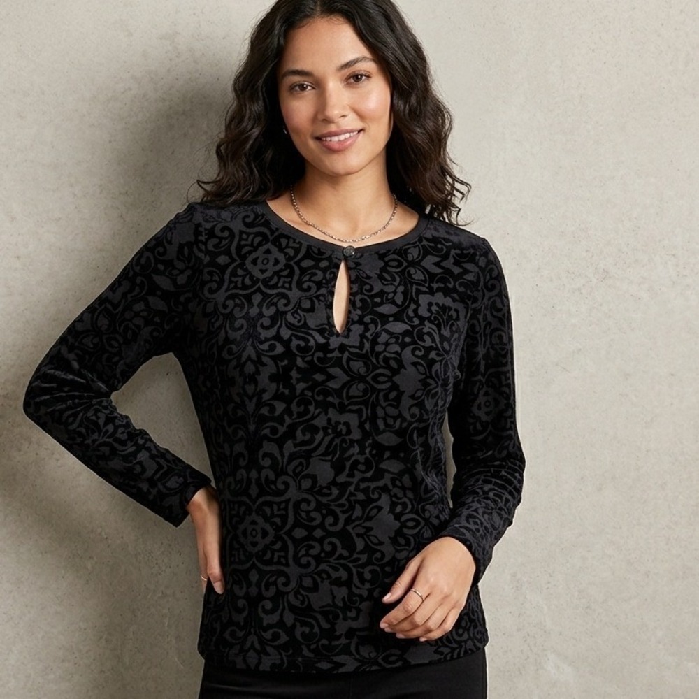 Flocked Damask Velour Top Black Keyhole Work Evening Elegant‎ Classic Petite Med